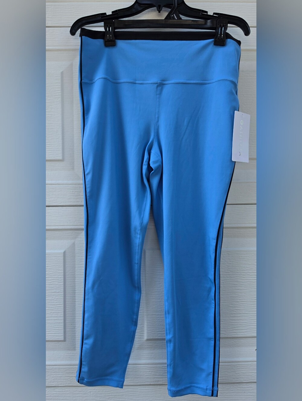 NWT Athleta Elation Sport Stripe Leggings Cornflower Blue Black Trim Size XL
